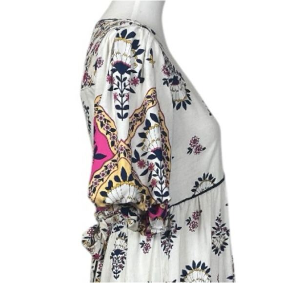 Fig + Flower New Midi Dress V-neck Puff Sleeve Cream Multi Women’s Size Small - Picture 7 of 13